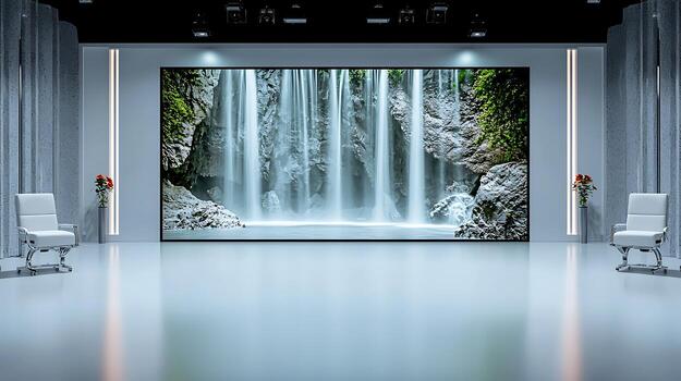 Modern studio with a large screen displaying a serene waterfall scene, featuring minimalist design elements photo