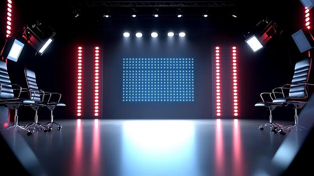 Modern studio setup with illuminated backdrop and empty chairs, ready for a presentation or performance photo