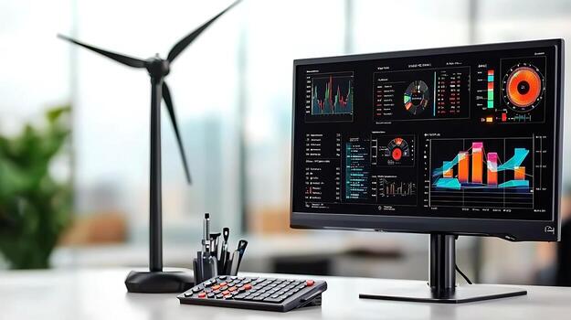 Modern workspace featuring a computer monitor displaying data analytics and a wind turbine model photo