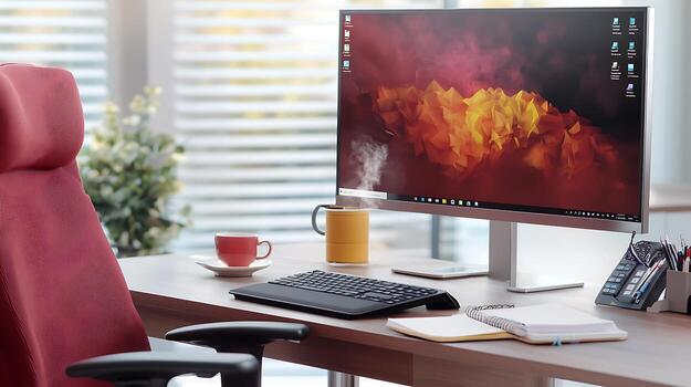 Modern workspace featuring a computer setup with coffee and plants in a bright office environment photo