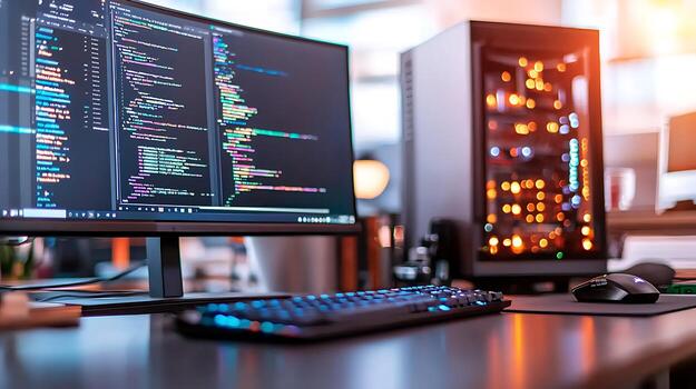 Modern workspace featuring a computer setup with coding on screen and illuminated server photo