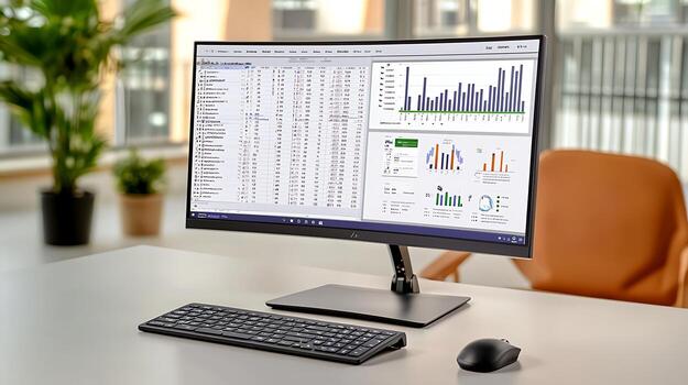 Modern workspace featuring a curved monitor displaying data analytics with graphs and charts photo