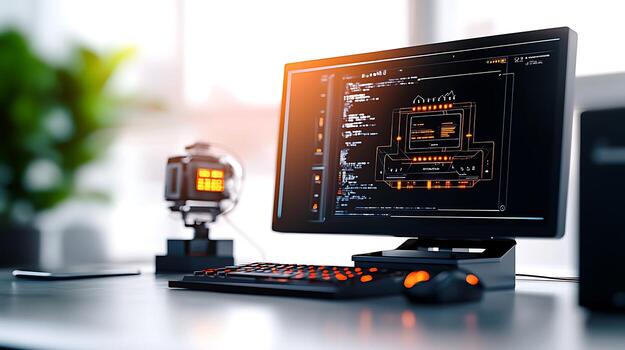 Modern workspace featuring a computer with coding interface and futuristic clock in background photo