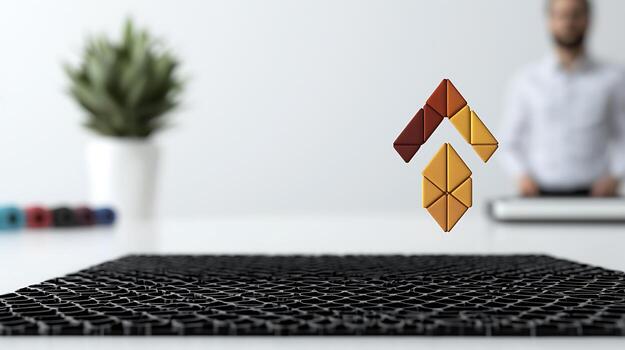 Modern workspace featuring a geometric design element with a blurred figure in the background photo