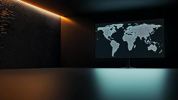 Modern workspace featuring a large screen displaying a world map with ambient lighting photo