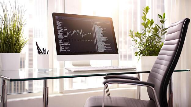 Modern workspace featuring a sleek computer setup with plants and a city view in the background photo