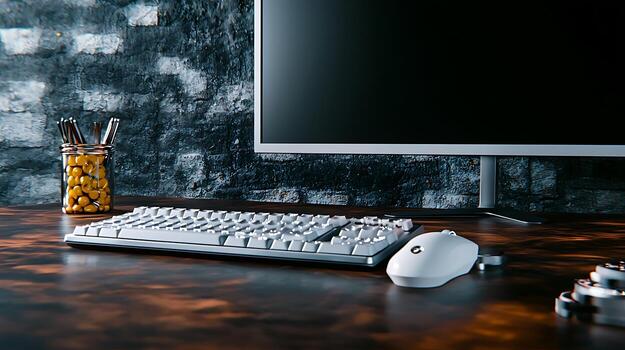 Modern workspace featuring a sleek computer setup with a keyboard and mouse on a stylish desk photo