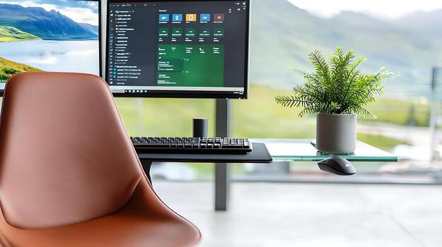 Modern workspace featuring a sleek chair and computer setup with a scenic backdrop photo