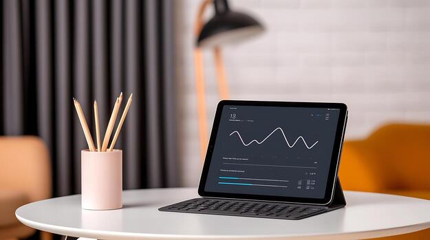 Modern workspace featuring a tablet displaying analytics, with pencils in a vase and soft lighting photo