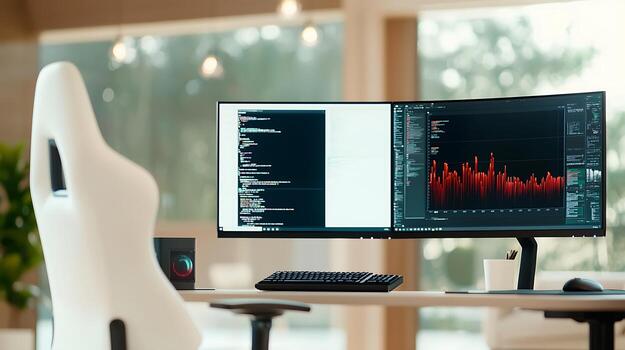 Modern workspace featuring dual monitors displaying code and data analysis in a bright office photo
