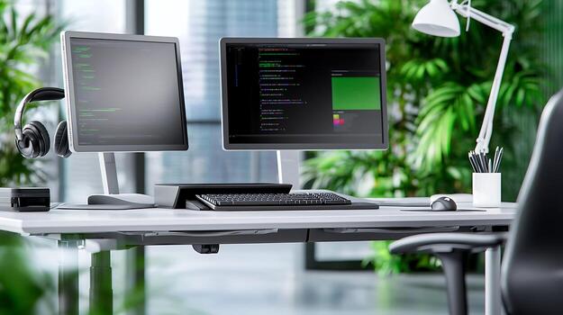 Modern workspace featuring dual monitors, coding in progress, surrounded by greenery and natural light photo