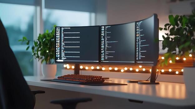 Modern workspace featuring dual monitors displaying chat applications with ambient lighting photo