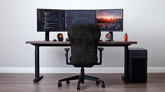 Modern workspace featuring dual monitors, ergonomic chair, and coding interface in a minimalist setting photo