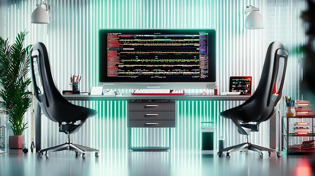 Modern workspace featuring dual monitors displaying data, with sleek chairs and greenery in background photo