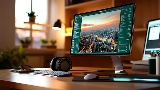 Modern workspace with a computer displaying a city skyline at sunset, creating a productive atmosphere photo