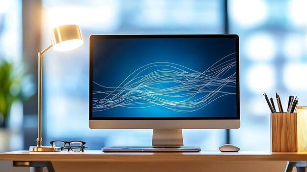 Modern workspace with a computer displaying abstract waves, illuminated by a desk lamp photo