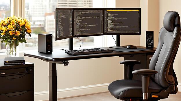 Modern workspace with dual monitors displaying code, flowers, and city view in background photo