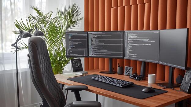 Modern workspace with three monitors displaying code, a comfortable chair, and greenery photo