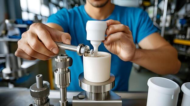 Person operating machinery to fill a container with a white substance in a factory setting photo