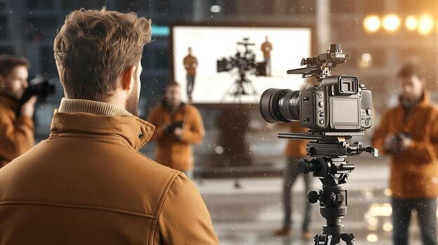 Photographer capturing a scene with multiple cameras and crew in a studio setting photo