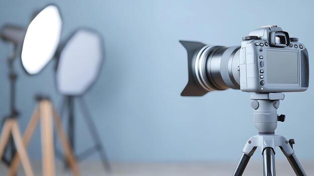 Professional camera setup with softbox lighting in a studio, creating a photography scene photo