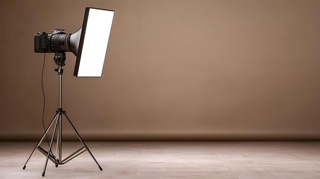Professional photography studio setup with camera and softbox lighting on a neutral backdrop photo