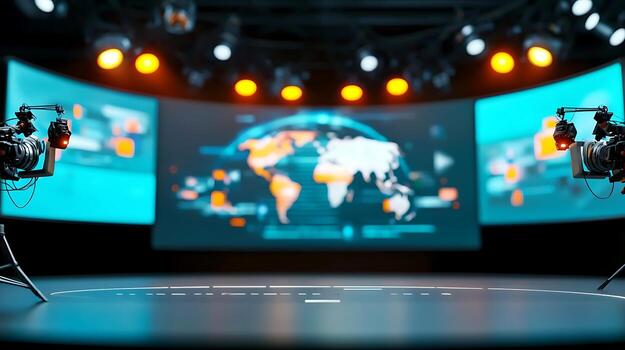 Professional studio setup with cameras and a digital world map backdrop for broadcasting photo