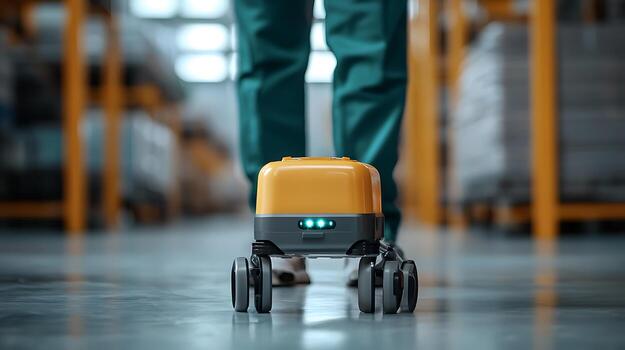 Robot delivery device navigating a warehouse with shelves in the background, showcasing automation photo