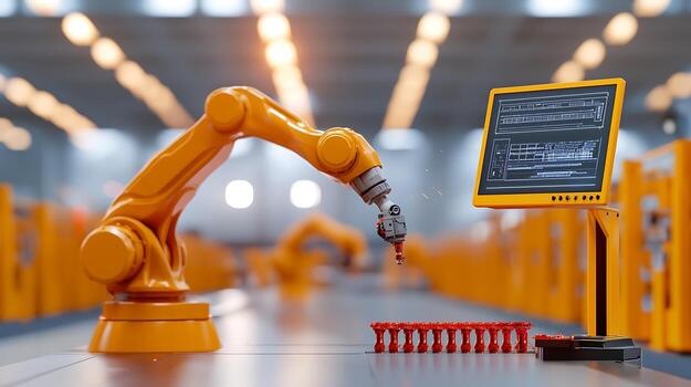 Robotic arm assembling components in a modern factory with screens and machinery in background photo