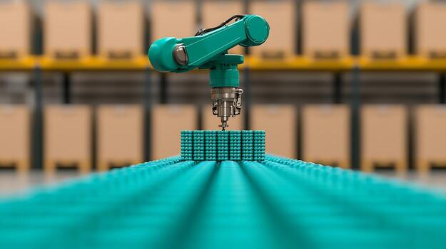 Robotic arm assembling turquoise blocks in a warehouse with stacked boxes in the background photo