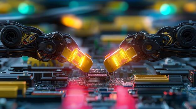Robotic arms assembling a circuit board with glowing lights in a high-tech environment photo