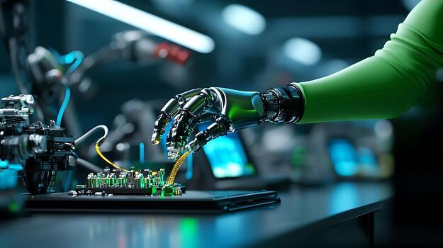 Robotic hand assembling a circuit board in a high-tech workshop with glowing screens photo