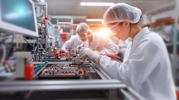Scientists working diligently in a lab, assembling intricate electronic components with precision photo