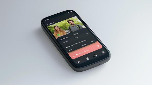 Smartphone displaying a call between two friends in a modern, minimalistic setting photo