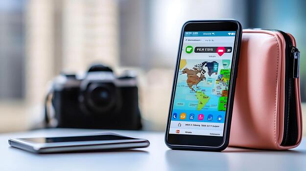 Smartphone displaying a world map app with a camera and tablet in a modern workspace setting photo