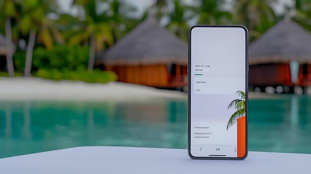 Smartphone displaying an app interface on a table by a tropical resort pool with huts photo
