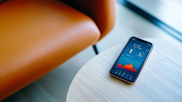 Smartphone displaying health data on a wooden table next to an orange armchair in a modern setting photo