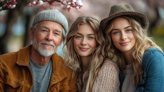 Three people posing for a photo in front of a tree