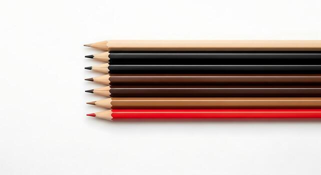 A colorful array of sharpened pencils lie neatly aligned their tips poised for creation with one striking red pencil photo