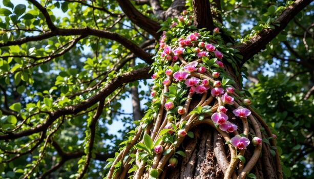 orchid vines spiraling down from the top of a banyan tree. photo