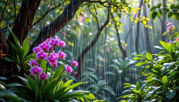 soft rain falling on an orchid grove tucked within a natural hollow of the jungle. photo