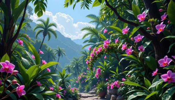 a secret tropical hollow where nothing moves except orchids swaying in the breeze. photo