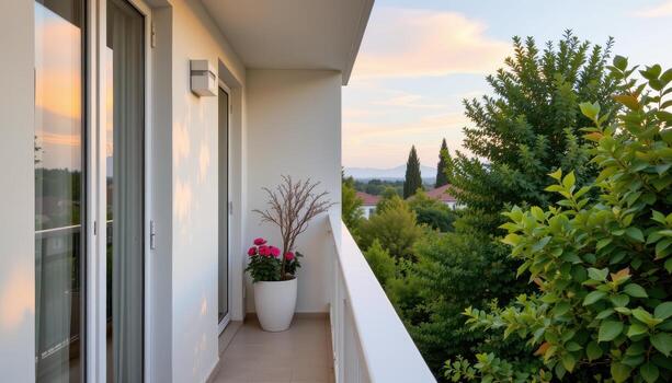 a clean lined balcony features a single planter of roses placed calmly on the edge, framed by pastel skies. photo
