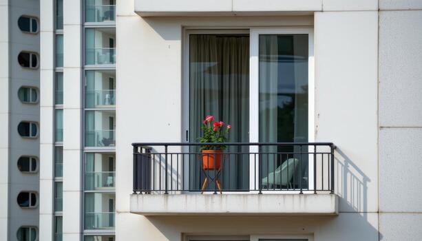 a modern high rise balcony hosts a single pot of roses on its railing, untouched by people, framed by clean geometry. photo