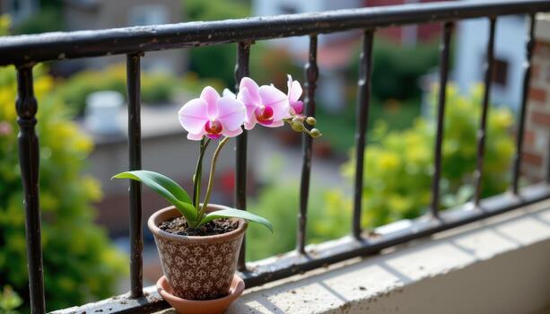 a small orchid flourishes quietly in a patterned pot placed gently on the wrought iron railing of an upper floor balcony. photo