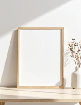 vacío foto marco en pie vertical en un mesa sencillo y elegante diseño