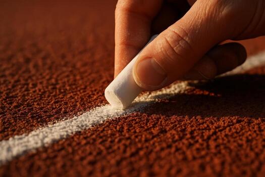 Hand drawing white line with chalk on running track, macro shot symbolizing preparation, start, marking or decision photo