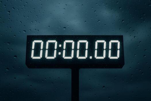 Digital countdown timer showing 00 00 00 on dark rainy background with water drops on glass photo