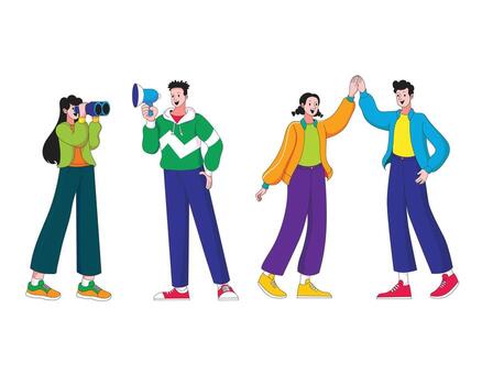 A set of young characters doing teamwork activities such as using binoculars megaphone and giving high fives representing collaboration and group unity vector