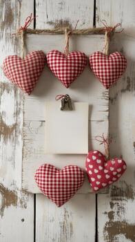 Rustic valentines day decor with red gingham hearts and blank no photo